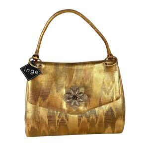 VTG 50s INGE Flap Satchel Bag Gold Chevron Leather Old Money Filigree Flower NWT